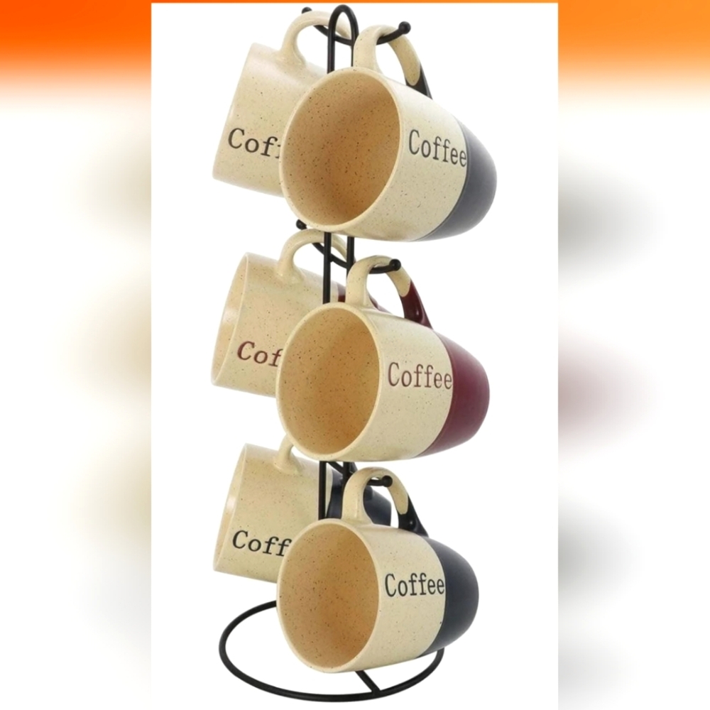 7 Piece Coffee Cup Set Multicolored Two Tone & Stand Red Blue Grey Tan Speckled